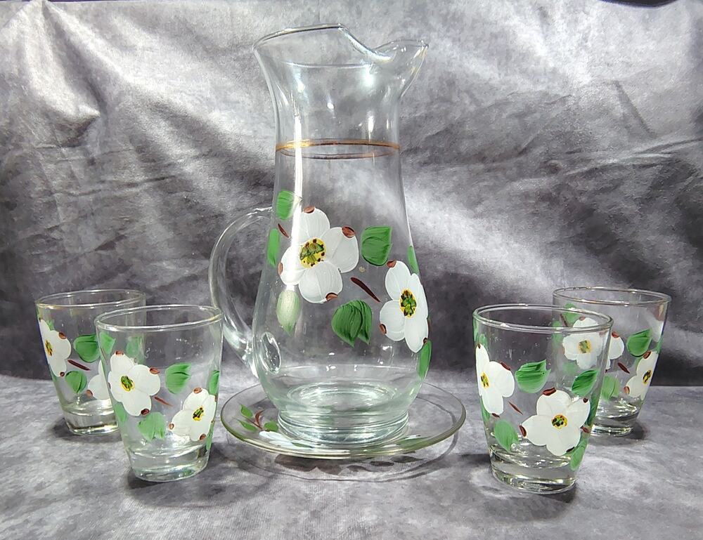Vintage Juice Pitcher & 4 Glass Set - Hand Painted Dogwood Flowers MCM 1950s